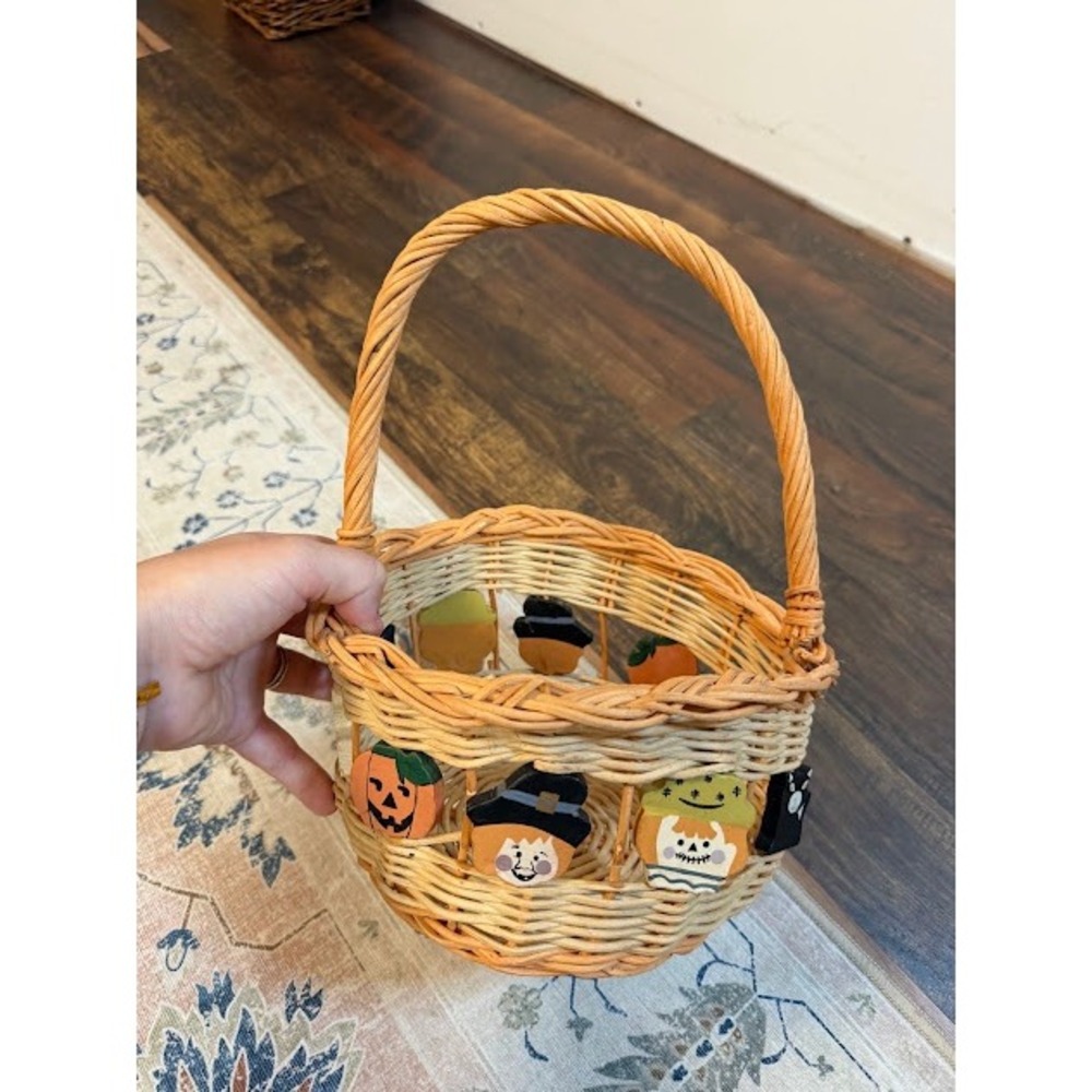 Vintage Halloween Wicker Basket Small Orange Hand Painted Folk Art Decor